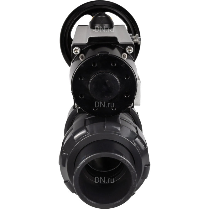 Кран шаровой BV4242E-FP-GRM-ISO Дн100 Ру10 полнопроходной, корпус - НПВХ, шар - НПВХ, уплотнение - EPDM, с пневмоприводом PA-DA-105-1 двойного действия со штурвалом в Барнауле
