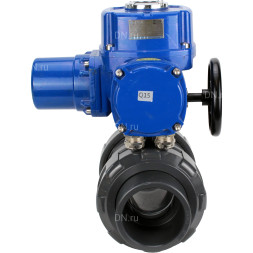 Кран шаровой BV4242E-FP-GRM-ISO Дн65 Ру10 полнопроходной, корпус - НПВХ, шар - НПВХ, уплотнение - EPDM, с электроприводом QT-N-005M-O2-380VAC-У1 с моментной муфтой и штурвалом