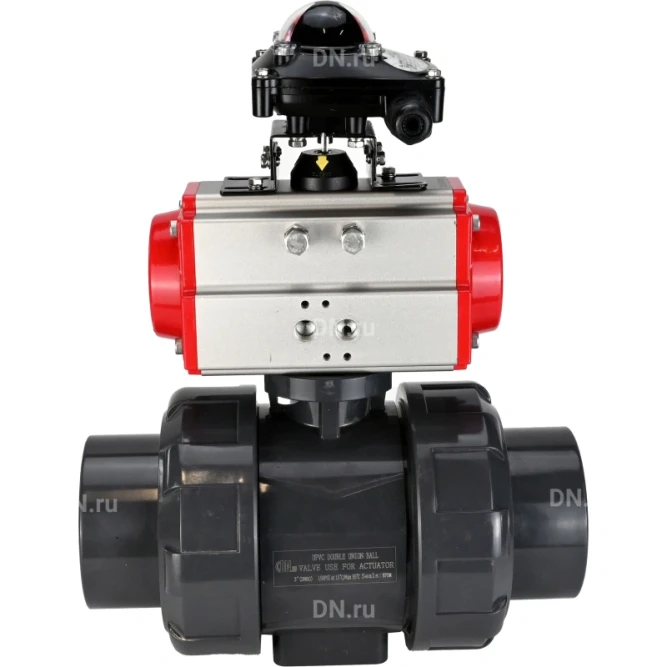Кран шаровой BV4242E-FP-GRM-ISO Дн32 Ру10 полнопроходной, корпус - НПВХ, шар - НПВХ, уплотнение - EPDM, с пневмоприводом PA-DA-052 и БКВ APL-210N в Барнауле