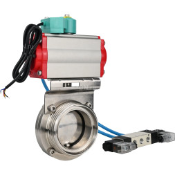 Затвор дисковый поворотный WBV3131E-2W-T-H Ду25 Ру10 резьбовой, корпус - пищевая нержавеющая сталь 304, уплотнение - EPDM, с пневмоприводом PA-SA-065, пневмораспределителем 4M320-10 AC220V, магнитным переключателем ALS200D