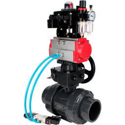 Кран шаровой BV4242E-FP-GRM-ISO Дн32 Ру10 полнопроходной, корпус - НПВХ, шар - НПВХ, уплотнение - EPDM, с пневмоприводом PA-DA-052, пневмораспределителем 4V320-08 AC220V, ручным дублером MON1-250-T26-ISO, БКВ APL-410N EX и БПВ AFC2000