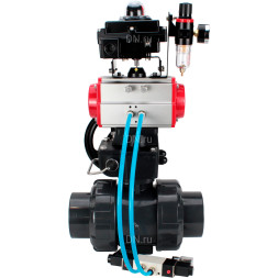 Кран шаровой BV4242E-FP-GRM-ISO Дн32 Ру10 полнопроходной, корпус - НПВХ, шар - НПВХ, уплотнение - EPDM, с пневмоприводом PA-DA-052, пневмораспределителем 4V320-08 AC220V, ручным дублером MON1-250-T26-ISO, БКВ APL-410N EX и БПВ AFC2000