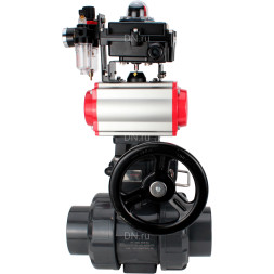 Кран шаровой BV4242E-FP-GRM-ISO Дн32 Ру10 полнопроходной, корпус - НПВХ, шар - НПВХ, уплотнение - EPDM, с пневмоприводом PA-DA-052, пневмораспределителем 4V320-08 AC220V, ручным дублером MON1-250-T26-ISO, БКВ APL-410N EX и БПВ AFC2000